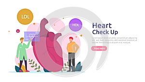 Heart health, disease, cardiology concept with character. hypertension symptoms & cholesterol blood pressure measurement. Medical