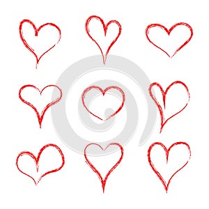 Heart hearth. Collection of handmade hearts. Love pattern. Heart drawn of brush. Handdrawn red logo for flirt, sweetheart,