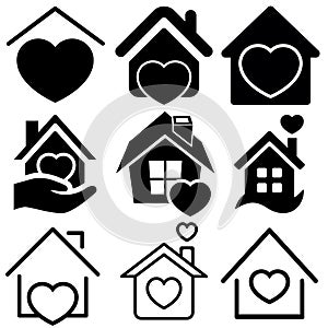 Heart with home ison vector set. House with haert illustration sign collection.