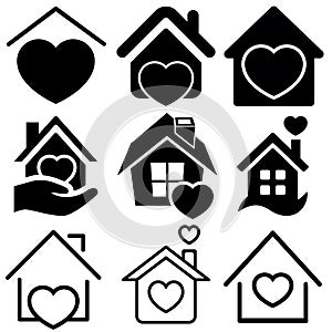 Heart with home ison vector set. House with haert illustration sign collection. photo