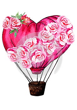 Heart Hot Air Balloon With Roses. Hand Drawn Illustration. Wedding Concept.
