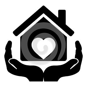 Heart House Logo in hands, printable outline house template design, house silhouette