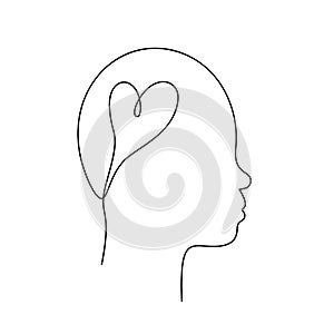 Heart in human head, Asian non-binary face in profile with snub nose continuous one line drawing, Vector
