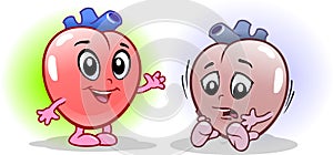Heart Human Internal Organ Healthy Vs Unhealthy, Medical Anatomic Funny Cartoon Character Pair In Comparison Happy Against Sick An