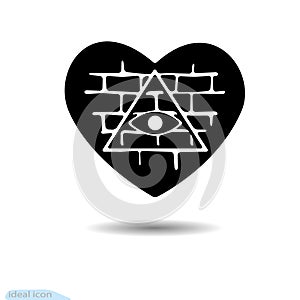 Heart icon. All-seeing eye. A symbol of love. valentine s day. Brick wall. Black as coal. Frame. A lot of soot. Shadow. Exercises