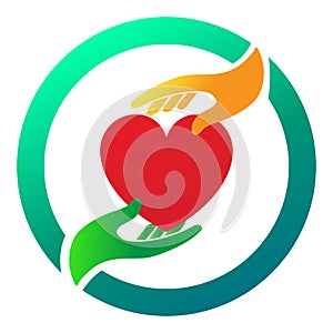 Heart icon with caring hands love healthcare wellness wellbeing helping concept.