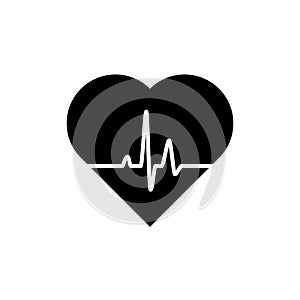 Heart, Icon of human health. Black heart icon with pulse line on white background