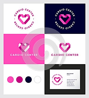 Heart icon. Love symbol consists of bended pink paper strip or ribbons. Symbol care of heart. Cardio Center icon.