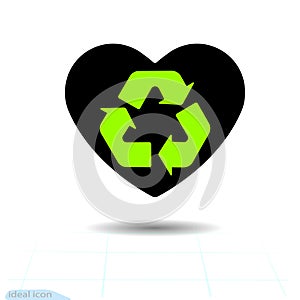 Heart icon. A symbol of love. Valentine day with the sign of the green arrows recycle. Flat style for graphic and web design, logo