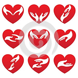 Heart icons with caring hands logo editable vector design on white background.