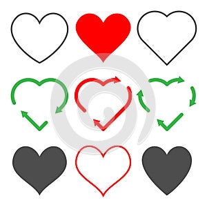 Heart icons set. Outline vector love signs. Green heart shape with arrow. Recycle earth reuse ecology symbol
