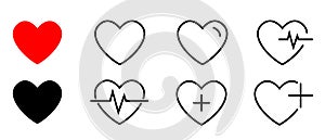 Heart icons vector set. Set of heartbeat icon on an isolated background of different shapes. Cardiogram heart logo symbol in