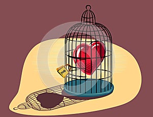 Heart imprisoned in a birdcage.