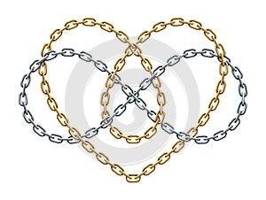 Heart with infinity symbol of gold and silver chains. Forever love sign. Vector illustration