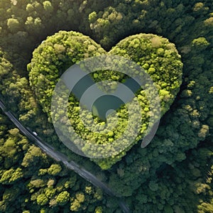 Heart in an island by a forest on a lake, landscape of love and romance for dreamy lovers