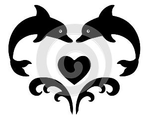 Heart of Jumping Dolphins and Waves - vector black silhouette for logo or stencil. Heart, dolphins and water splashes - a template
