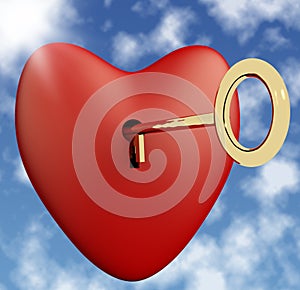 Heart With Key And Sky Background Showing Love Romance And Valentines