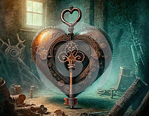 Heart and key in steampunk style, industrial background. Valentines Day card concept