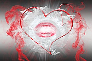 Heart and a Kiss With Red Smoke. Valentine`s Day Concept 3D Illu