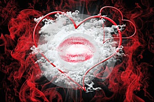 Heart and a Kiss With Red Smoke. Valentine`s Day Concept 3D Illu