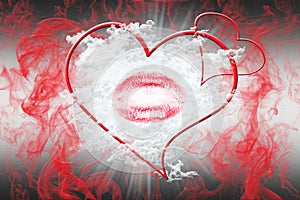 Heart and a Kiss With Red Smoke. Valentine`s Day Concept 3D Illu