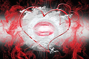 Heart and a Kiss With Red Smoke. Valentine`s Day Concept 3D Illu