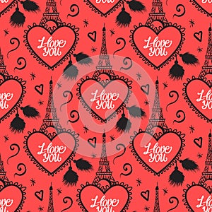 Heart with lace and eiffel tower. Seamless pattern. Vector illustration. Velentines day design