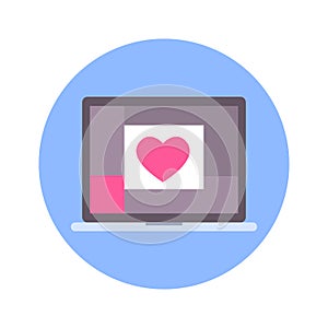 Heart On Laptop Screen Icon On Blue Round Background Isolated