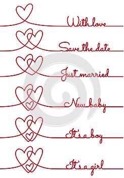 Heart line drawing with text for cards, vector