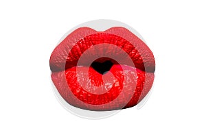Heart in lips isolated on white background. Red woman mouth. Sexy kiss. Valentines day concept. Icon of love. Happy