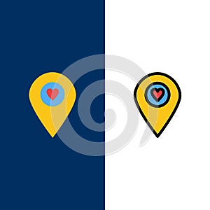Heart, Location, Map, Pointer  Icons. Flat and Line Filled Icon Set Vector Blue Background
