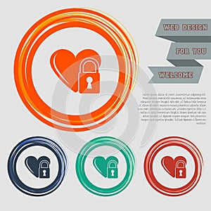 Heart lock icon on the red, blue, green, orange buttons for your website and design with space text.