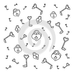 Heart lock key doodle black white graphic sketch background illustration vector