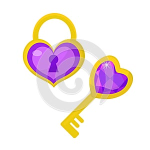 Heart lock and heart key icon, flat design. Valentines Day, love, dating, wedding concept. Isolated on white background