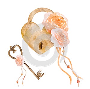Heart lock with key and rose flowers