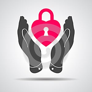 Heart lock shape icon in careful hands
