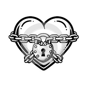 Locked Heart with Chains - Vintage Tattoo Style Illustration