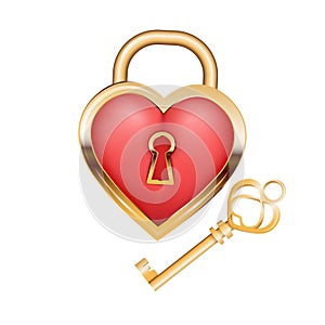 Heart lock with vintage gold key, keyhole isolated on white background.