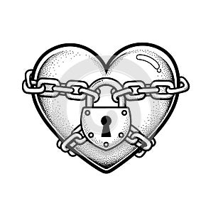 Heart Locked with Chains and Padlock - Black and White Illustration