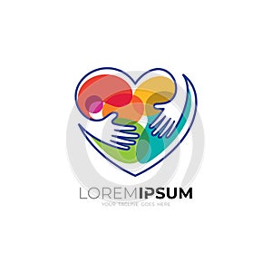 Heart logo and hand care design colorful, charity icons