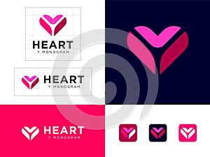 Heart logo. Letter Y. Love emblem. Identity, corporate style, app button set.