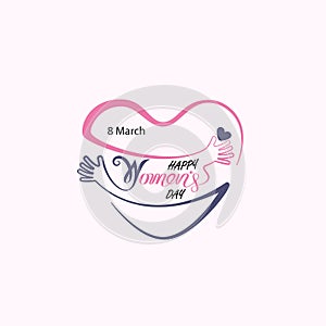 Heart logo and Pink Happy International Women`s Day Typographical Design Elements.Women`s day symbol. Minimalistic design for