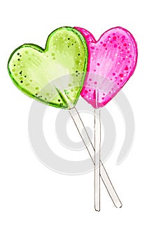 Heart lollipops isolated on white background hand-drawn illustration