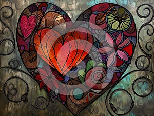 heart lot flowers butterflies tones black background graffiti illustration color red centered avatar spiraling