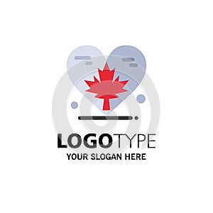 Heart, Love, Autumn, Canada, Leaf Business Logo Template. Flat Color