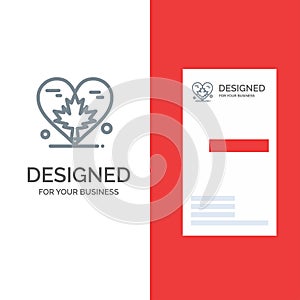 Heart, Love, Autumn, Canada, Leaf Grey Logo Design and Business Card Template