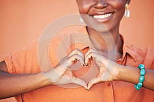 Heart, love and black woman hands for beauty, african self care and fashion cosmetics with peace, happiness and smile