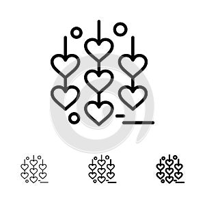 Heart, Love, Chain Bold and thin black line icon set