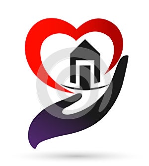 Heart love hand home house with care icon logo illustrations