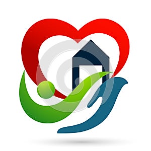 Heart love hand home house with care icon logo illustrations